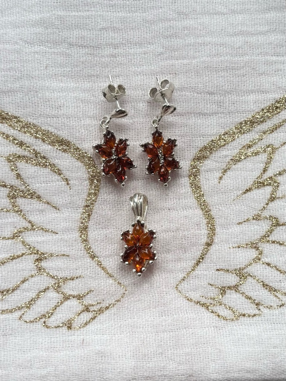 Sterling Silver Floral Amber-Colored Earrings and Pendant Set - Brown